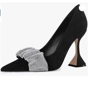 YDN Women Pointed Toe Slip on Pumps Special Kitten High Heel Shoes Black
